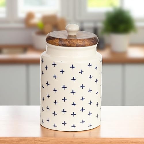 ClayStone Ceramic Airtight Container - 900ml Each - Wooden Lid - Kitchen Containers for Sugar, Tea, Salt, Pickles, Pulses & More (Blue Plus) - Image 1