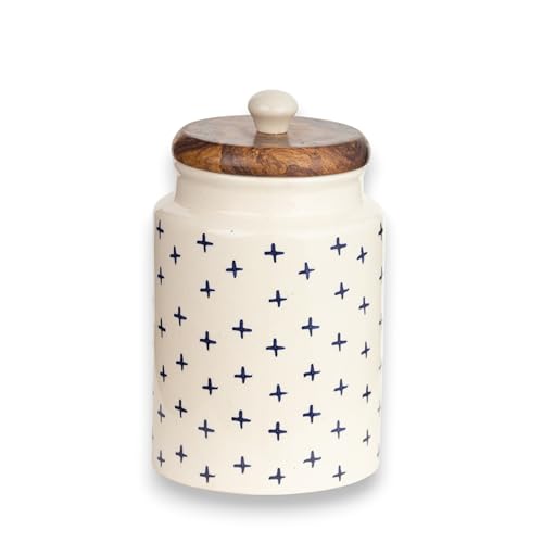 ClayStone Ceramic Airtight Container - 900ml Each - Wooden Lid - Kitchen Containers for Sugar, Tea, Salt, Pickles, Pulses & More (Blue Plus) - Image 3
