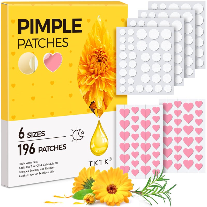 TKTK Pimple Patches for Face: 6 Sizes Day and Night Acne Patches Heart Zit Patches - Cute Spot Stickers with Tea Tree & Centella Oil, Strong Adhesion Zit Covers (196 Count) - Image 1