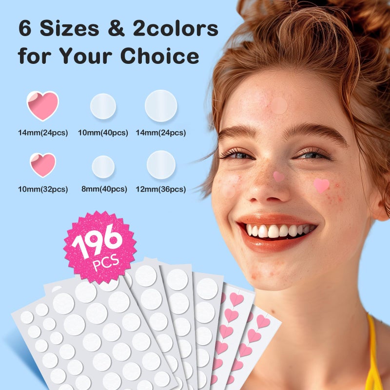 TKTK Pimple Patches for Face: 6 Sizes Day and Night Acne Patches Heart Zit Patches - Cute Spot Stickers with Tea Tree & Centella Oil, Strong Adhesion Zit Covers (196 Count) - Image 3