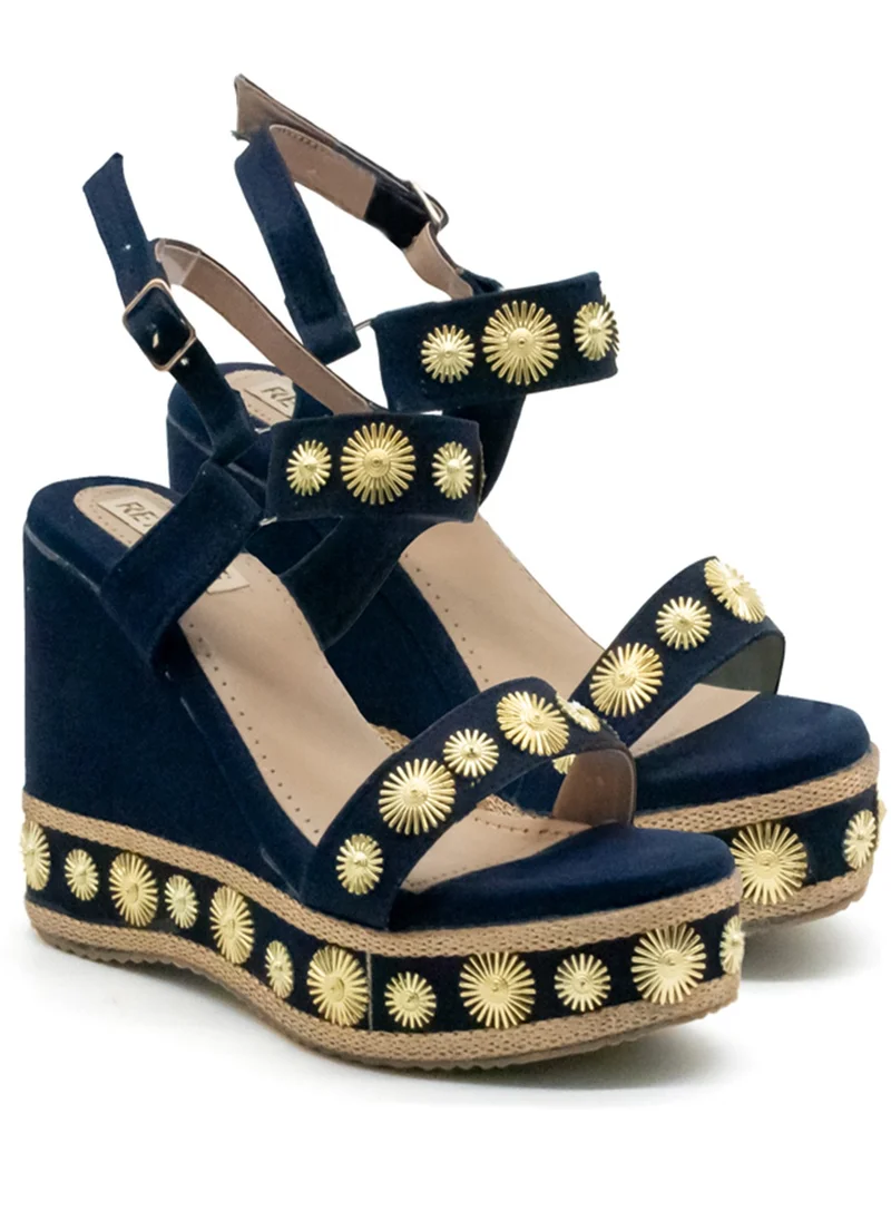 RETTROSE The Jasmine Navy Hand Embellished Luxury Wedge Shoe