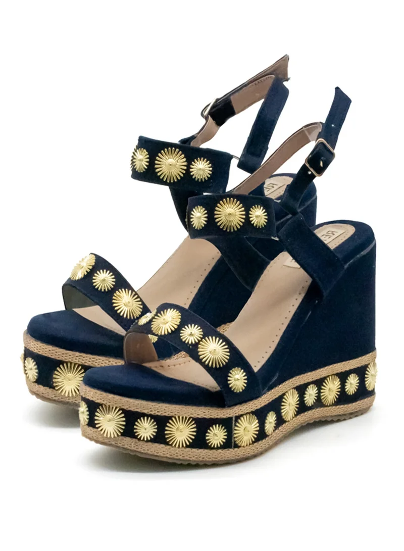 RETTROSE RETTROSE Jasmine Navy Luxury Women’s Wedge Heels – Hand Embellished Suede High Heel Sandals in Black-Toned Design