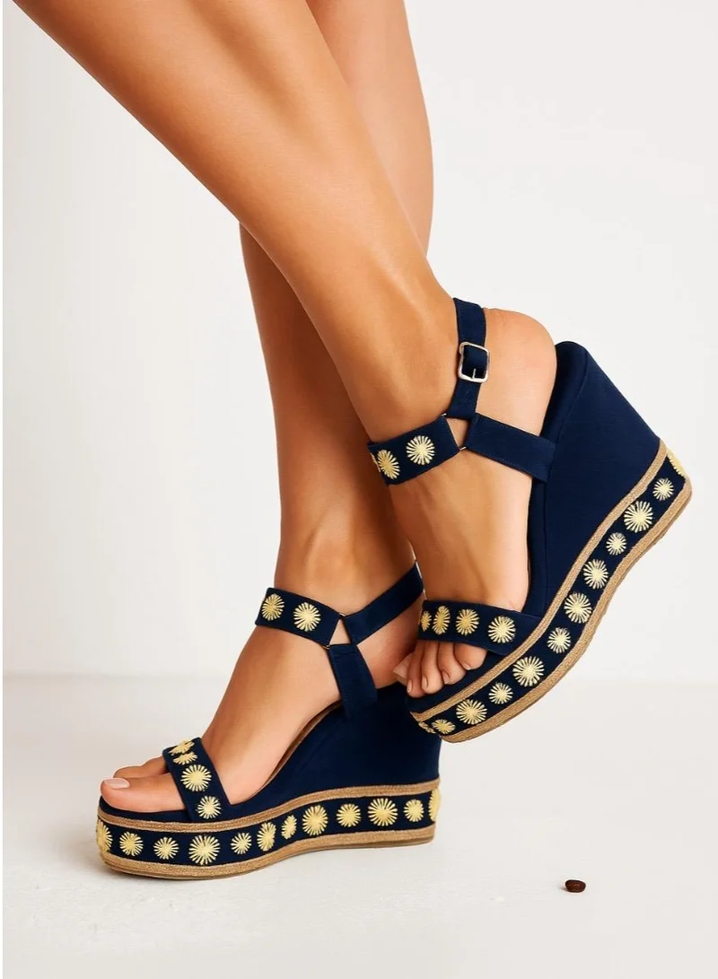 RETTROSE RETTROSE Jasmine Navy Luxury Women’s Wedge Heels – Hand Embellished Suede High Heel Sandals in Black-Toned Design