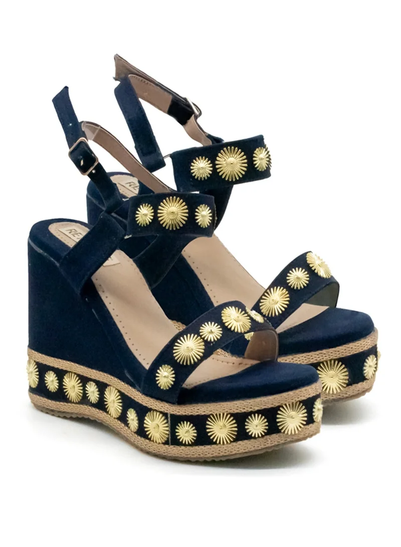 RETTROSE RETTROSE Jasmine Navy Luxury Women’s Wedge Heels – Hand Embellished Suede High Heel Sandals in Black-Toned Design