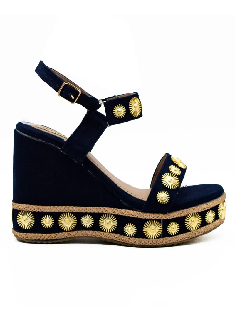 RETTROSE RETTROSE Jasmine Navy Luxury Women’s Wedge Heels – Hand Embellished Suede High Heel Sandals in Black-Toned Design