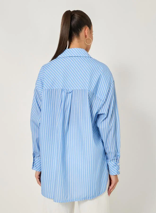 ستايلي Styli Oversized Striped Long Sleeve Shirt with Pocket