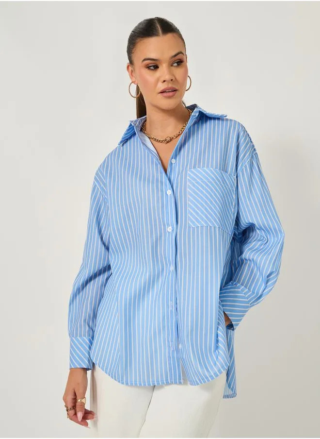 Styli Oversized Striped Long Sleeve Shirt with Pocket