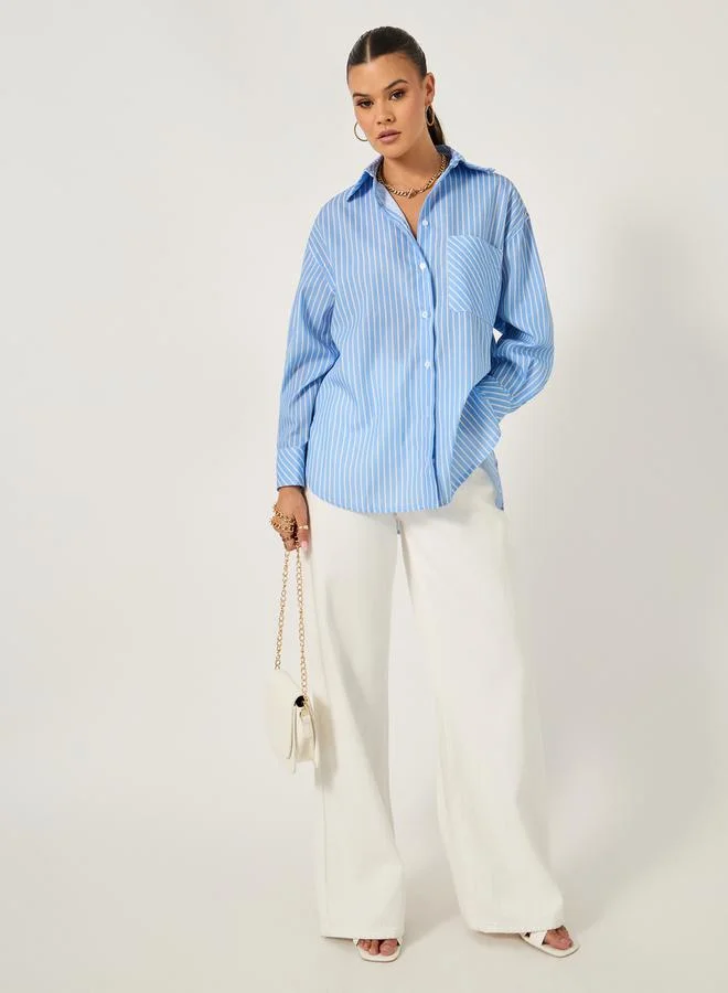 ستايلي Styli Oversized Striped Long Sleeve Shirt with Pocket