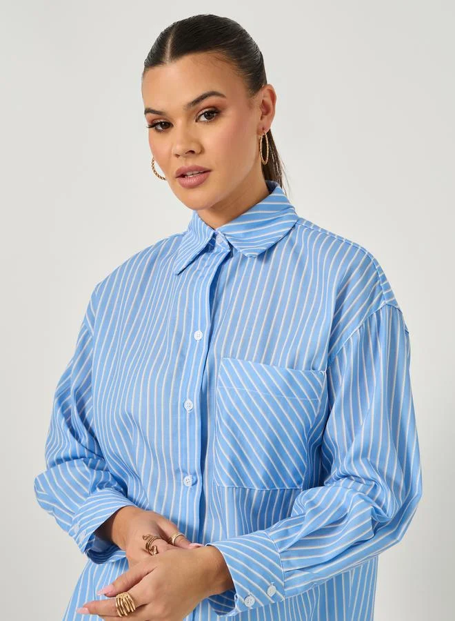 ستايلي Styli Oversized Striped Long Sleeve Shirt with Pocket