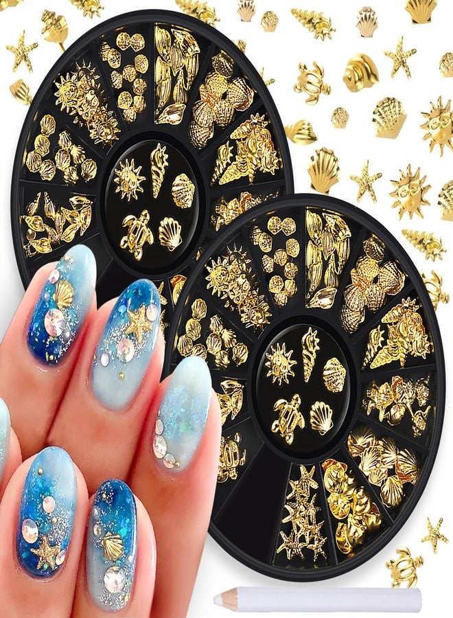HYWWPFLAY 2 Disc 3D Gold Nail Charms, Beach Starfish Sea Seashell Nail Art Studs Rivet Alloy 3D Nail Gems Metallic Jewelry Decoration for Manicure DIY Nail Accessories (12 Style-Ocean) - Image 1