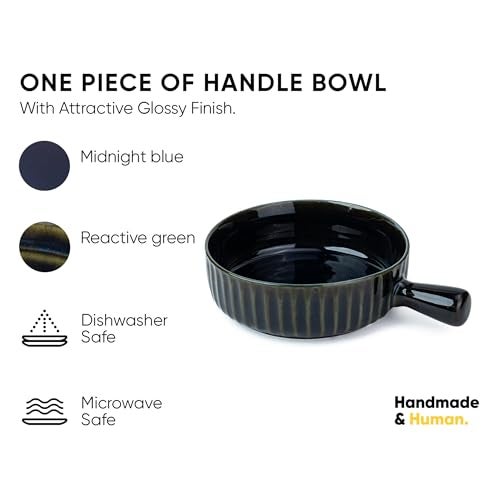 Shay Ceramic Pasta Bowl Set, 17Cm, 1 Piece, Blue Green | Glossy Finish | Porcelain Ceramic Serving Bowl | Serving Bowl With Handle (Handle Bowl - Blue Green) ,900 Ml - Image 2