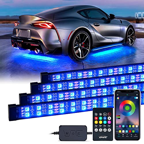 Xprite Double Row RGB LED Car Underglow Bluetooth Lights Strip, 4 PCS Underbody Neon Cars Exterior Glow Light Kit w/APP Control & Wireless Remote, Universal for Vehicles SUV Trucks Pickups Vans - Image 1
