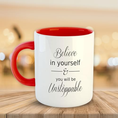 ASHVAH Believe in Yourself & You Will Be Unstoppable Inspirational Motivational Quotes Red 11oz Coffee Mug Tea Cup - Red - Image 3