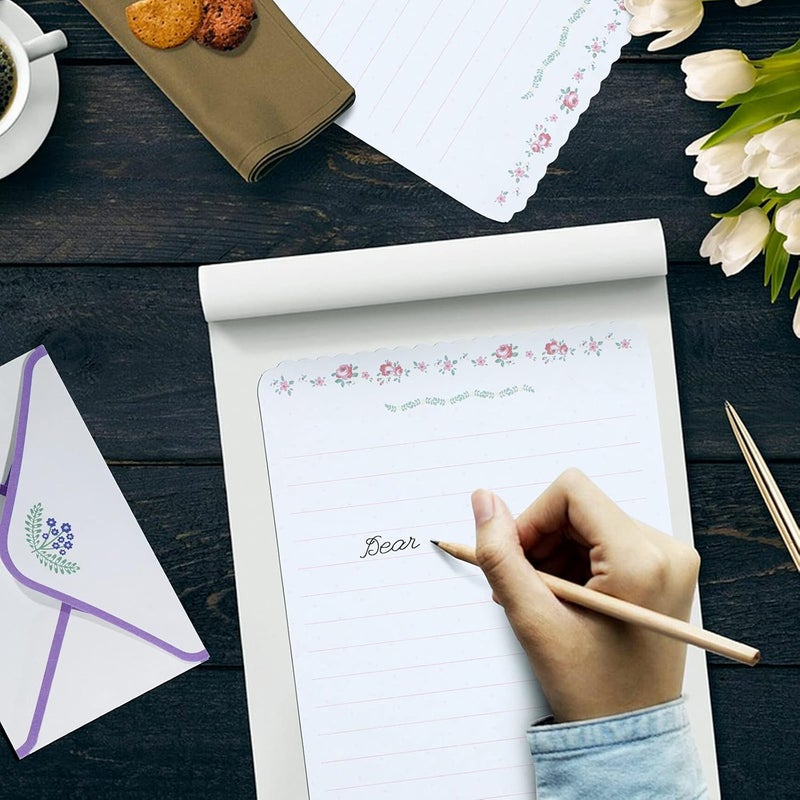 كلاراكو مجموعة من 72 قطعة من ورق القرطاسية والمظاريف، ورق كتابة رسائل بنقشة أزهار عتيقة، مجموعة قرطاسية بتصميم زهور، 48 ورقة قرطاسية و24 مظروفًا لكتابة الرسائل، هدية عيد ميلاد، 10 أنماط - Image 5