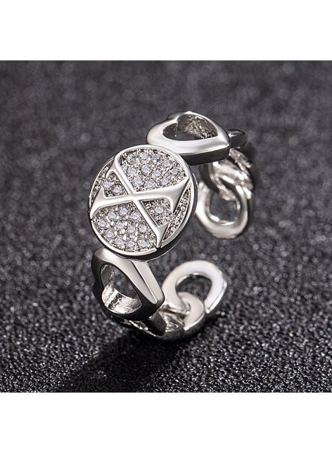 New Light Luxury Copper Inlaid Zircon 18k Real Gold Heart Smooth Letter Adjustable Ring Versatile Personality Ring