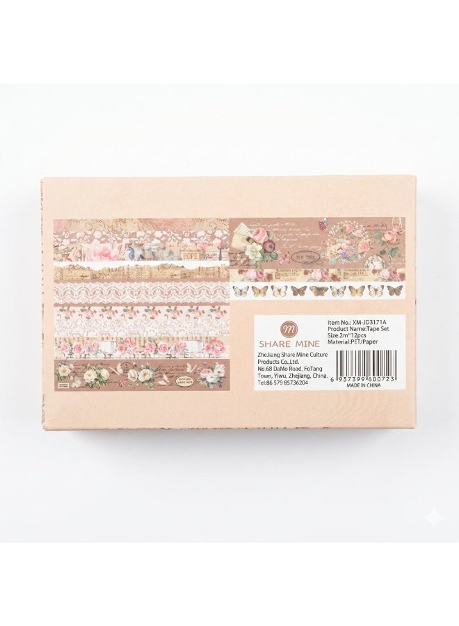Vintage Floral Washi & PET Tape Set – 12 Rolls (Lace, Roses, & Retro Designs) for Scrapbooking & Journaling - Image 3
