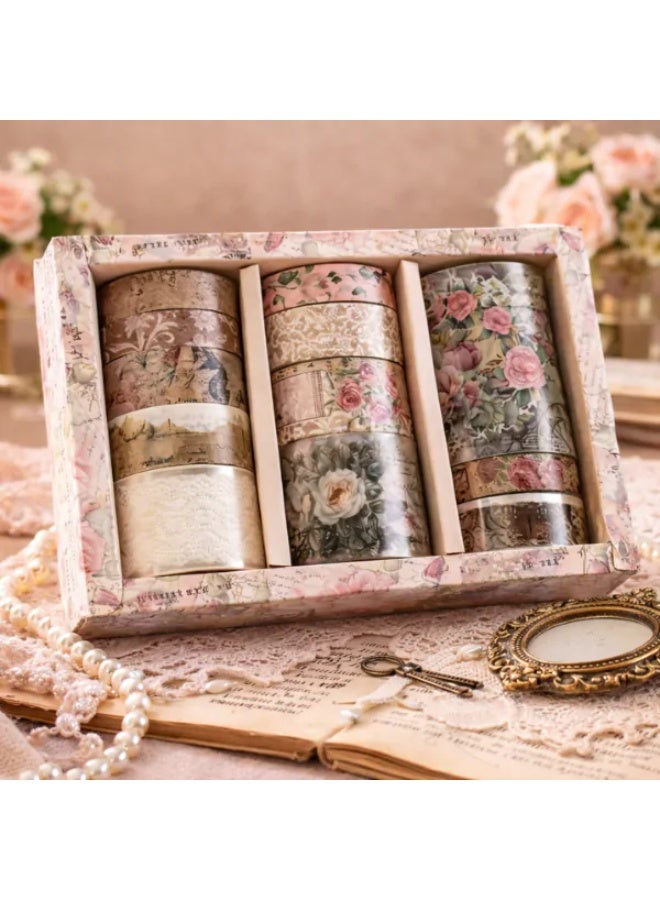 Vintage Floral Washi & PET Tape Set – 12 Rolls (Lace, Roses, & Retro Designs) for Scrapbooking & Journaling - Image 1