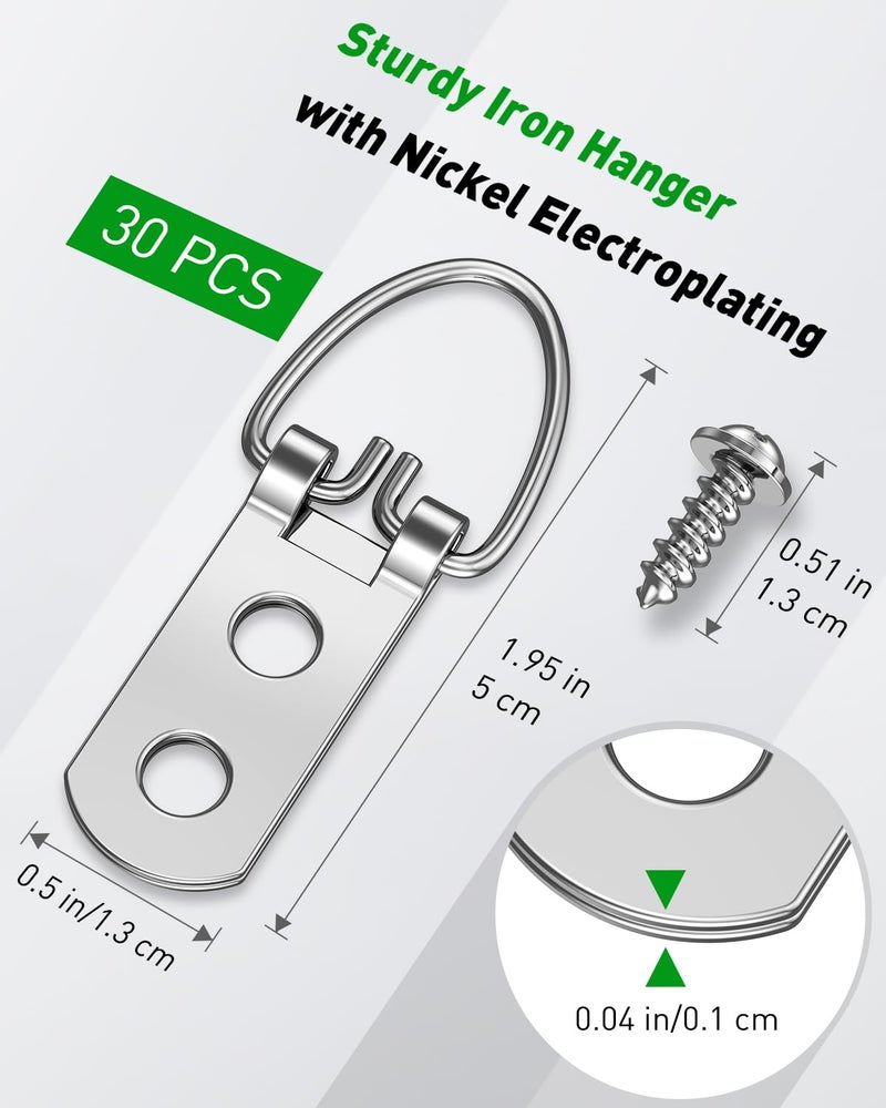 Uniclife 30 Pcs D Ring Picture Hangers with Screws, 40 lb Load Heavy Duty Picture Hanging Hardware, Double Holes Picture Hooks, D Rings for Picture Frame Hanging, D Hooks for Paintings Mirrors Clocks - Image 2