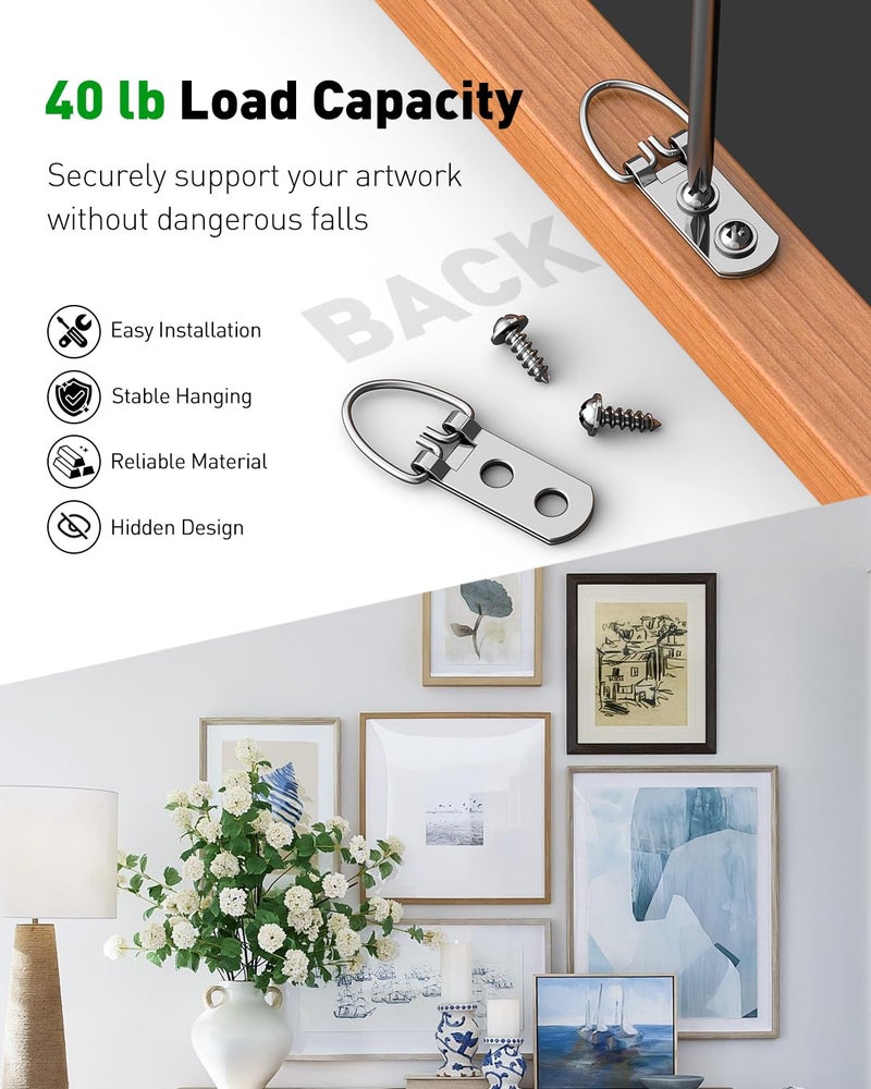 Uniclife 30 Pcs D Ring Picture Hangers with Screws, 40 lb Load Heavy Duty Picture Hanging Hardware, Double Holes Picture Hooks, D Rings for Picture Frame Hanging, D Hooks for Paintings Mirrors Clocks - Image 3