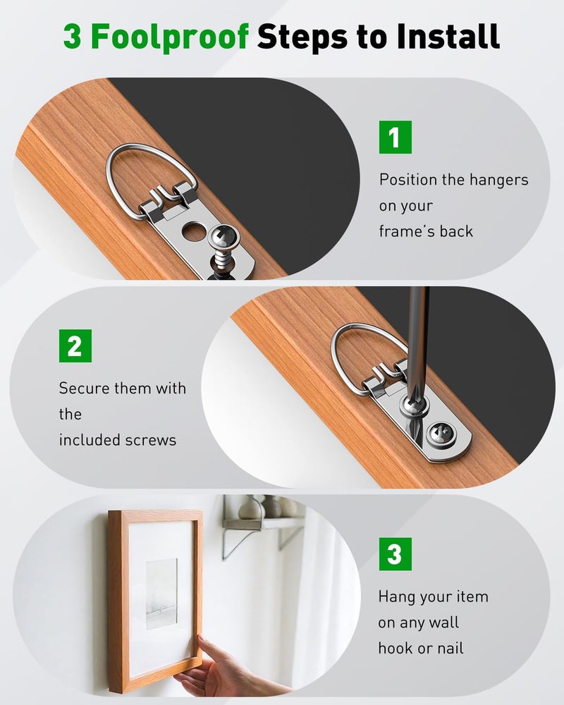 Uniclife 30 Pcs D Ring Picture Hangers with Screws, 40 lb Load Heavy Duty Picture Hanging Hardware, Double Holes Picture Hooks, D Rings for Picture Frame Hanging, D Hooks for Paintings Mirrors Clocks - Image 4