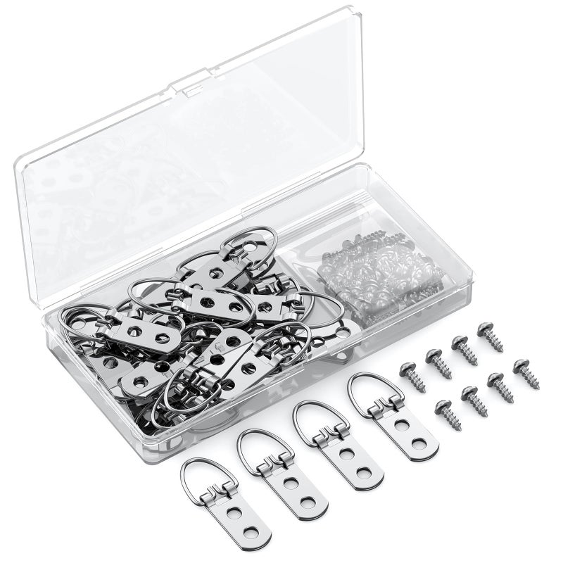 Uniclife 30 Pcs D Ring Picture Hangers with Screws, 40 lb Load Heavy Duty Picture Hanging Hardware, Double Holes Picture Hooks, D Rings for Picture Frame Hanging, D Hooks for Paintings Mirrors Clocks - Image 1