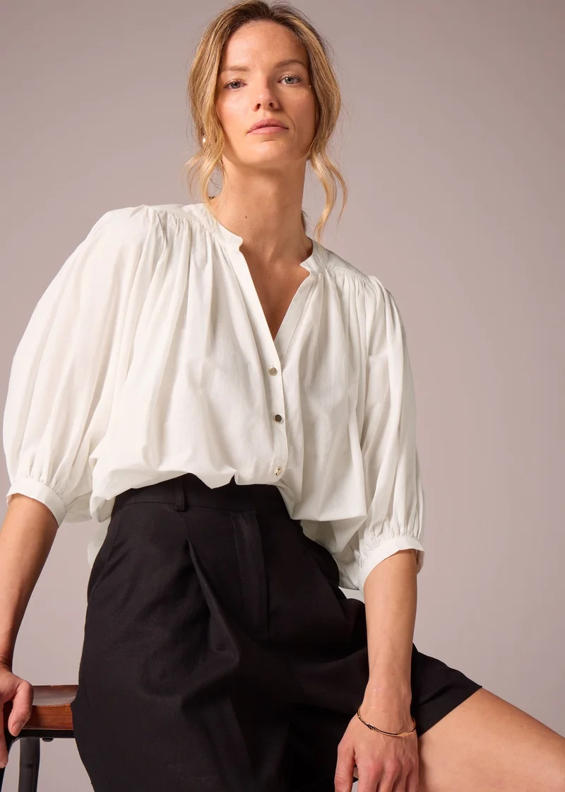 Matalan Et Vous White Cotton Blouson Sleeve Blouse