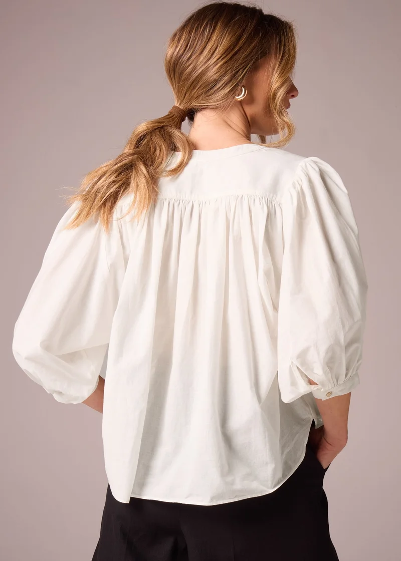 Matalan Et Vous White Cotton Blouson Sleeve Blouse