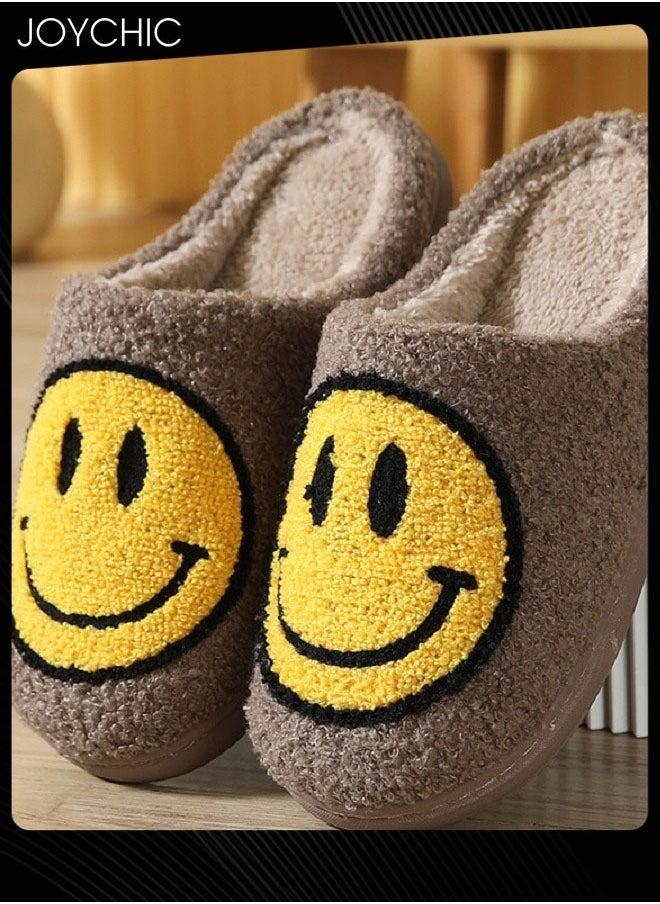 Joychic Autumn Winter Warm Smiley Face Designed Bedroom Slippers Coffee for Women/ Men  - Image 1