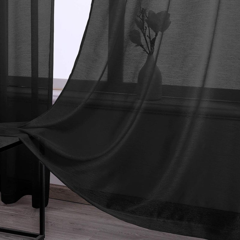 DONREN Sheer Curtain Panels 72 Inches Long Ring Top Window Treatment Textured Voile Drapes for Living Room Jet Black Set of 2 - Image 2