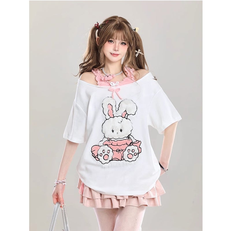 [Sorona] Cute Bunny Off-Shoulder Fake Two-Piece Short-Sleeved T-Shirt For Girls In Summer With Loose And Slim Design - Image 2