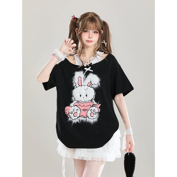 [Sorona] Cute Bunny Off-Shoulder Fake Two-Piece Short-Sleeved T-Shirt For Girls In Summer With Loose And Slim Design - Image 1