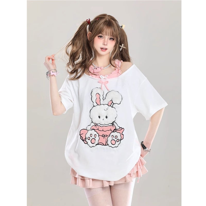 [Sorona] Cute Bunny Off-Shoulder Fake Two-Piece Short-Sleeved T-Shirt For Girls In Summer With Loose And Slim Design - Image 5