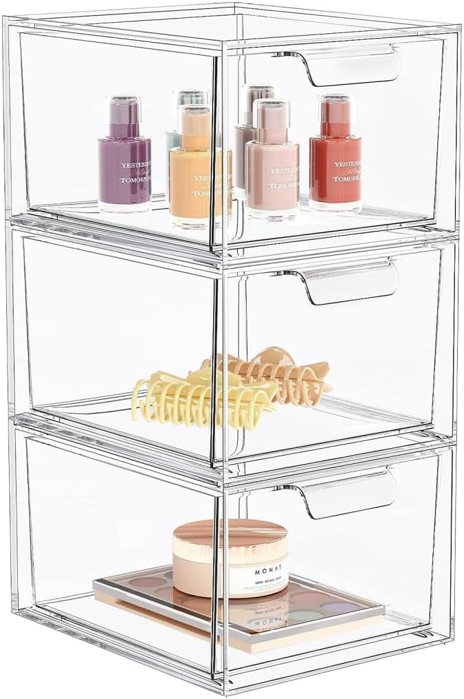 HOUSLET Stackable Makeup Organizer and Storage, Acrylic Bathroom Organizers,Clear Plastic Storage Bins For Vanity,Makeup and Bathroom,Pantry Organization and Storage (3 Pack) - Image 1