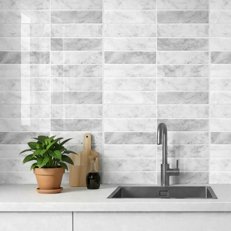 Greymond Peel and Stick Tile Backsplash - 10 Pack Marble Self Adhesive Subway Wall Tiles 11.42'' x 9'' for Kitchen, Bathroom (White Grey) - Image 3