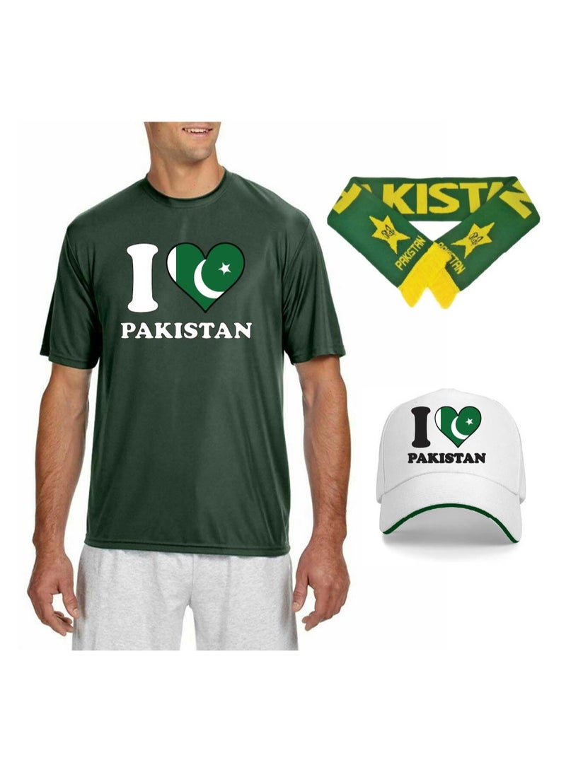 PRINTSHOP4ME Pakistan Unisex Sports Green Jersey-T-shirt,Drawstring Bag,Cap,and Scarf-Perfect For Pakistan Cricket Fans And Cricket Lovers  - Image 1