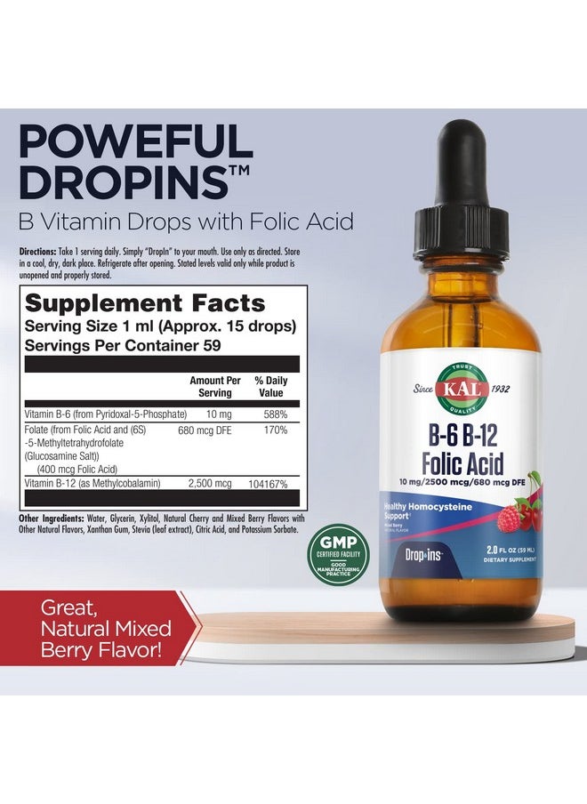 Vitamin B6 B12 Folic Acid Dropins Liquid Vitamin B Supplement Drops Heart Health Energy Red Blood Cell Support With Methyl B12 And Methyl Folate Natural Mixed Berry Flavor 59 Servings 2Oz