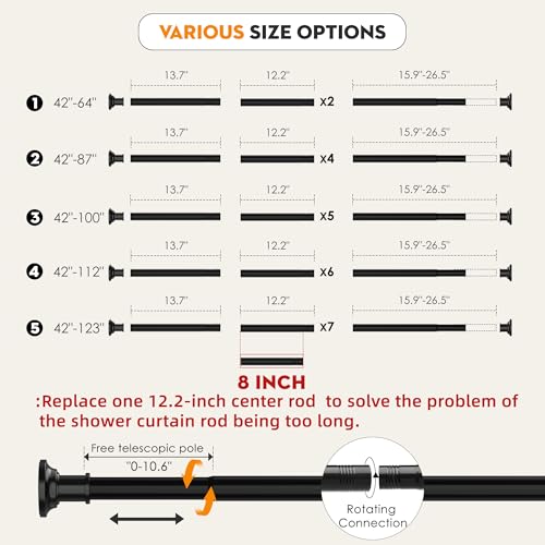 Widyana Tension Curtain Rod, Extra Long Outdoor Curtain Rod 43-120 Inch Adjustable, 1.1 Inch Diameter Thick Heavy Duty Black Shower Curtain Rod, Stainless Steel Shower Rod for Bathroom No Drilling, No Rust - Image 4