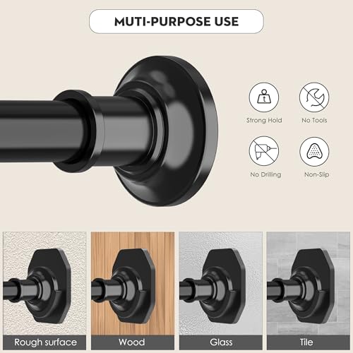Widyana Tension Curtain Rod, Extra Long Outdoor Curtain Rod 43-120 Inch Adjustable, 1.1 Inch Diameter Thick Heavy Duty Black Shower Curtain Rod, Stainless Steel Shower Rod for Bathroom No Drilling, No Rust - Image 3