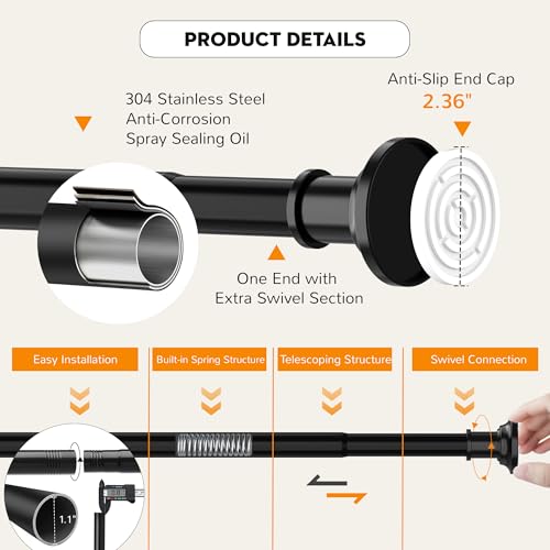 Widyana Tension Curtain Rod, Extra Long Outdoor Curtain Rod 43-120 Inch Adjustable, 1.1 Inch Diameter Thick Heavy Duty Black Shower Curtain Rod, Stainless Steel Shower Rod for Bathroom No Drilling, No Rust - Image 5