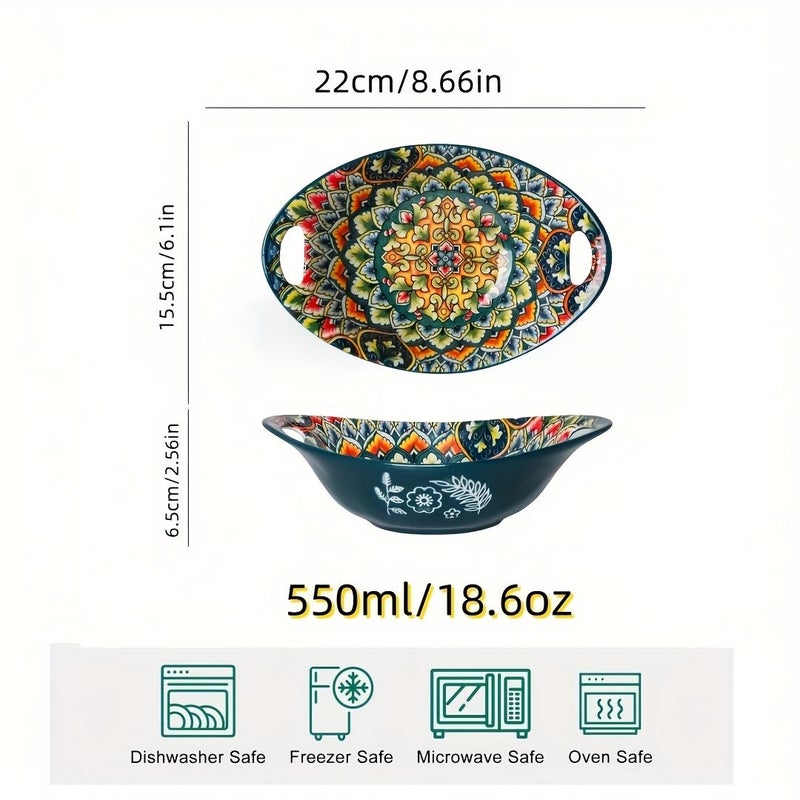 Set Of 2 Oval Ceramic Salad Bowls With Handles Bohemian Style Design Microwave Safe And Stackable Boat Shaped Serving Plates For Fruits Soups Stews Pasta And Cereals Comb A - Image 3