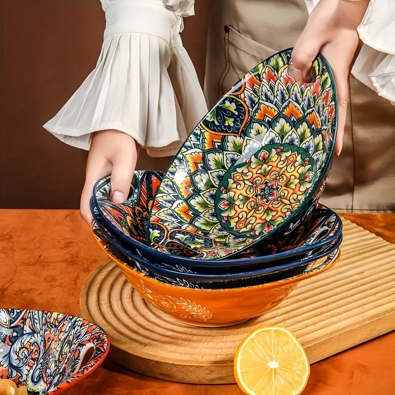 Set Of 2 Oval Ceramic Salad Bowls With Handles Bohemian Style Design Microwave Safe And Stackable Boat Shaped Serving Plates For Fruits Soups Stews Pasta And Cereals Comb A - Image 5