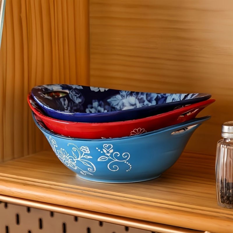 Set Of 2 Oval Ceramic Salad Bowls With Handles Bohemian Style Design Microwave Safe And Stackable Boat Shaped Serving Plates For Fruits Soups Stews Pasta And Cereals Comb A - Image 2