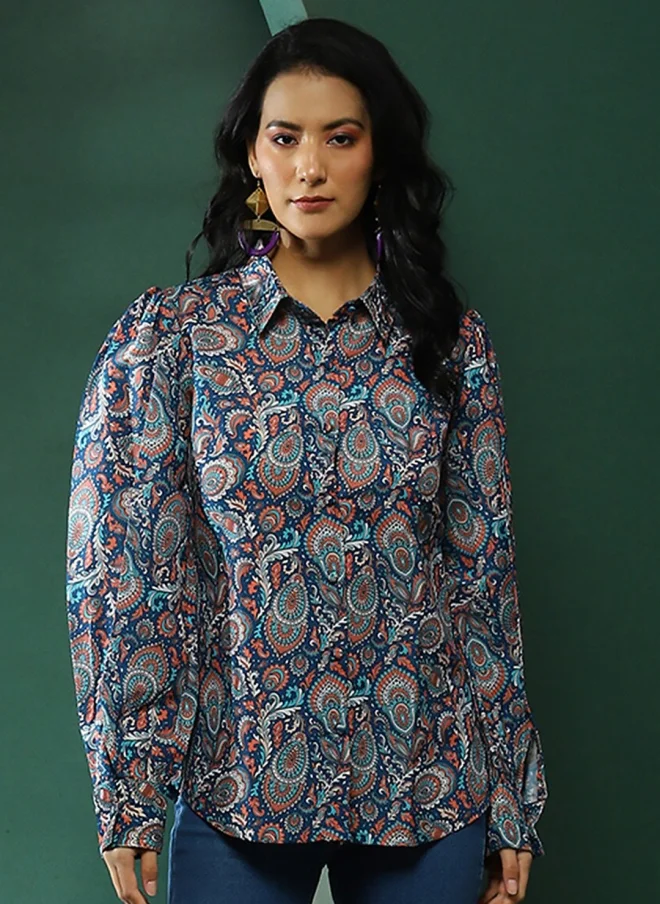 AKS Blue Ethnic Printed Casual Shirt for Women