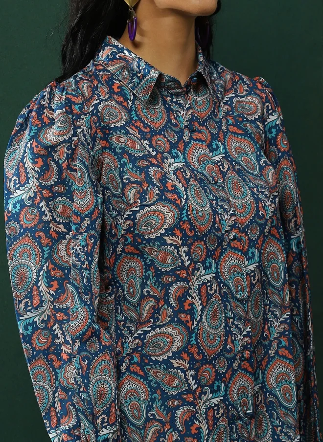 AKS Blue Ethnic Printed Casual Shirt for Women