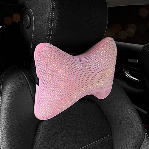 CARWALES 2 Pack Car Neck Pillow for Driving Seat Auto Headrest Cushion Head Rest Neck Support Relax Crystal Rhinestone Diamond Interior Bling Accessories for Women Girly Comfortable (Pink) - Image 1