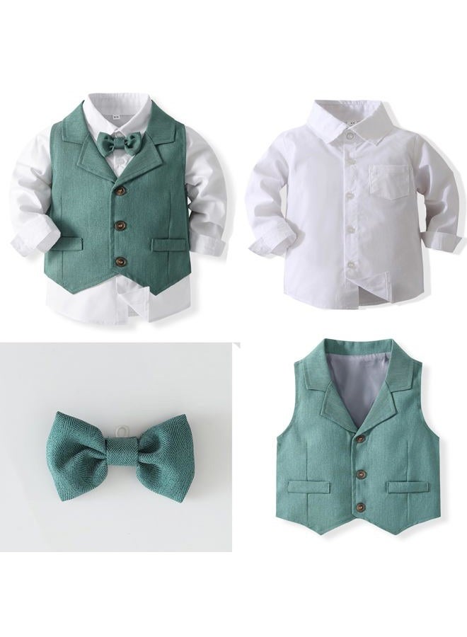 Kimocat Baby Boys Gentleman Bowtie Formal Outfit Suits Tuxedo Vest Wedding Party Suit, Green, 24 Months - Image 3