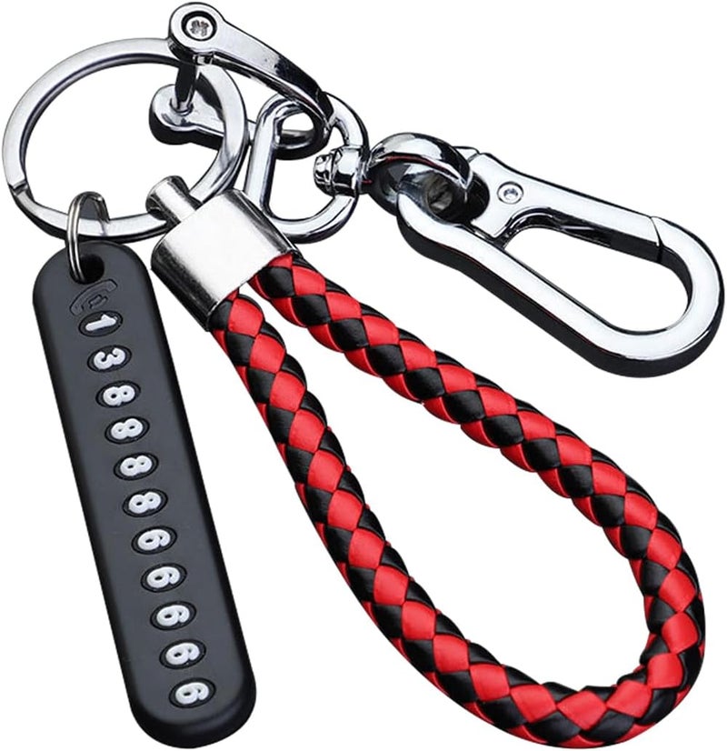 JNNJ Car Key Fob with Leather Braided Key Ring and Anti-Lost Pendant - Silver/Black/Red - Image 1