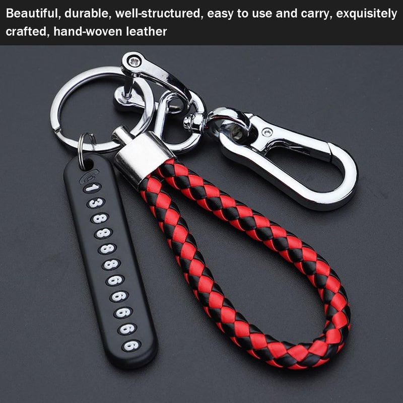 JNNJ Car Key Fob with Leather Braided Key Ring and Anti-Lost Pendant - Silver/Black/Red - Image 4