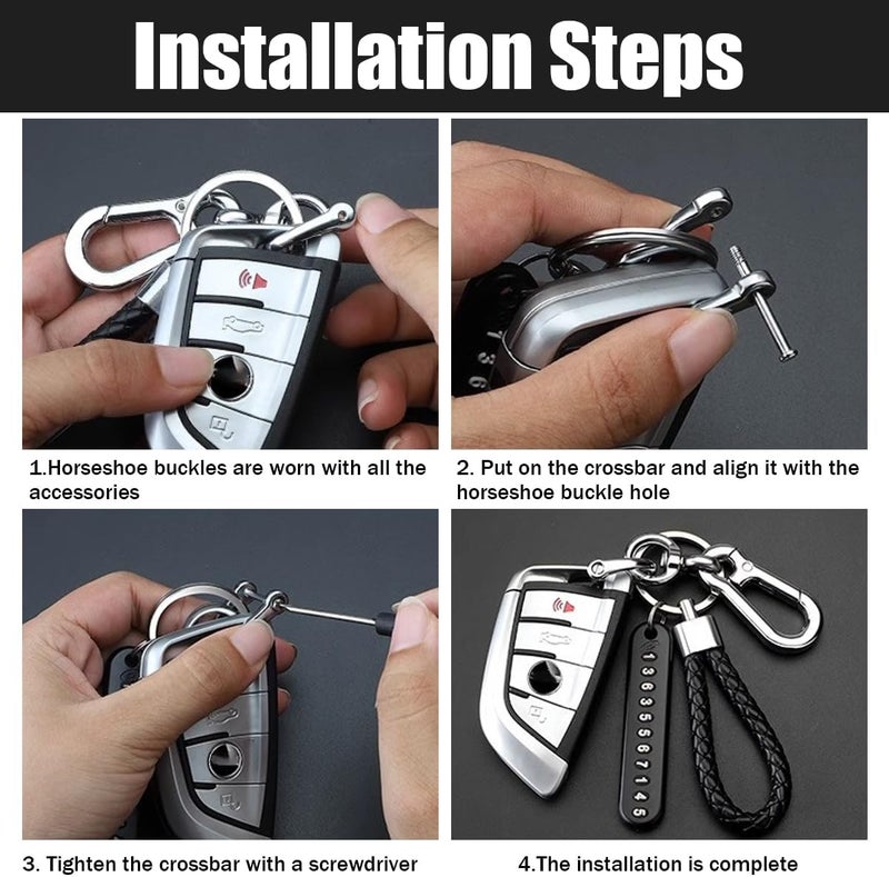 JNNJ Car Key Fob with Leather Braided Key Ring and Anti-Lost Pendant - Silver/Black/Red - Image 3