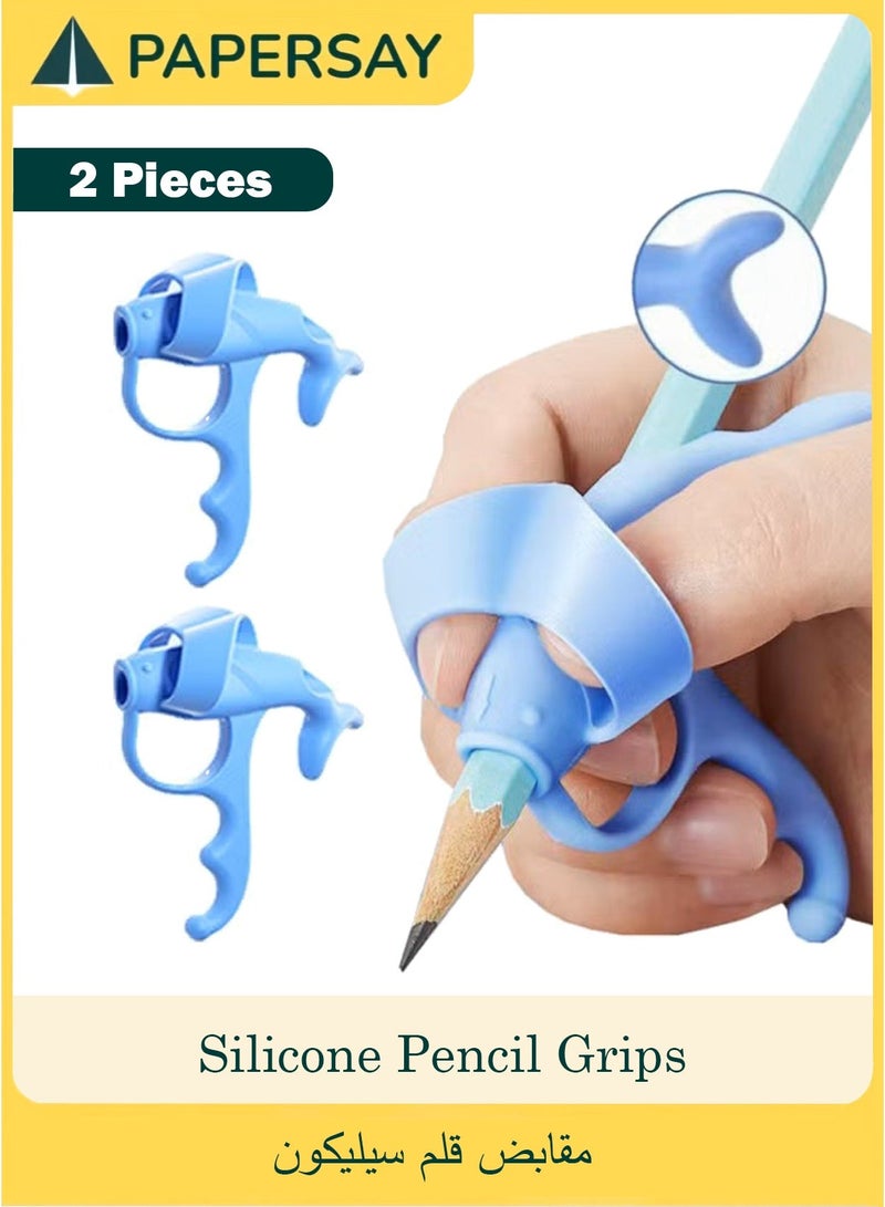 PAPERSAY 2PCS Pencil Grips for Kids, Soft Silicone Handwriting Correction Tool, Universal Finger Grips for Preschoolers – Posture Corrector for Children, Handwriting Aid (Blue) - Image 1